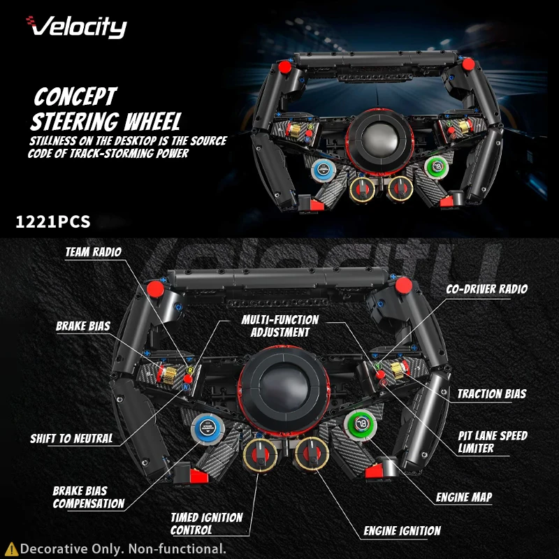 

1221PCS Racing Steering Wheel Building Blocks, Simulated Racing Cockpit Phone Stand, Collectible Mechanical Model for Hobbyists