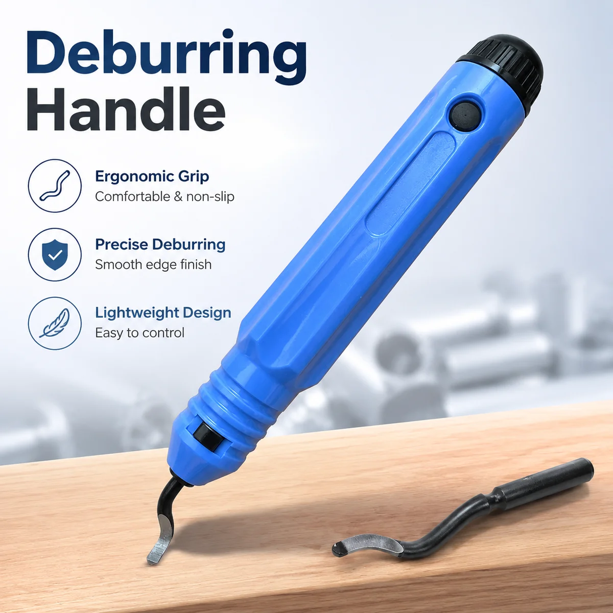 Blue Hand Deburring Tool Handle with Locking Head, Ergonomic Deburring Holder for Pipe and Metal Edge Finishing