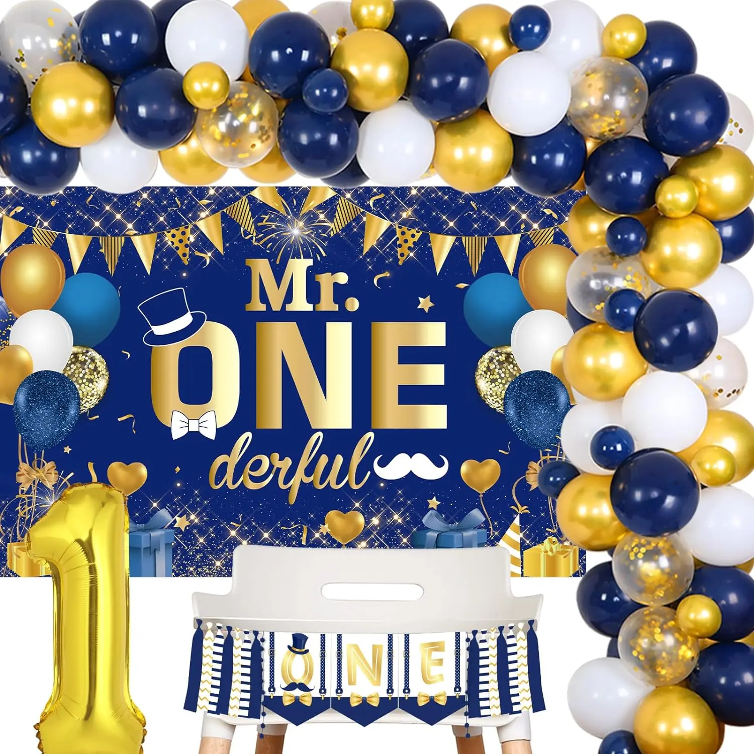 

Mr Onederful 1st Birthday Decor Balloon Arch Kit Backdrop with One High Chair Banner Baby Boy First Birthday Party Supplies