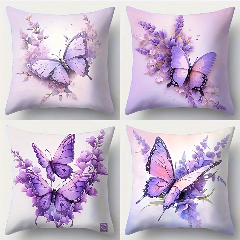 4pcs Butterfly Lavender Theme digital printing pillow cover Short plush Suitable living rooms bedrooms sofas throw cushion cover