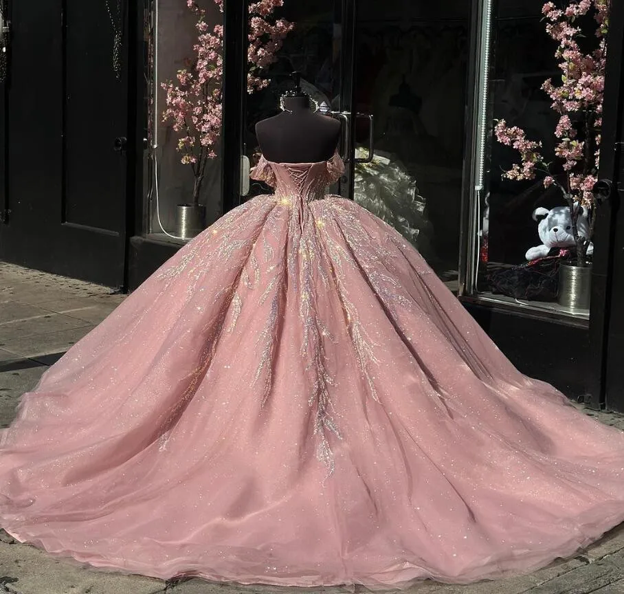 Rose Pink Princess Sparkly Quinceanera Dresses Off Shoulder Gillter Applique Crystal Sweet 15 vestido cinderela debutante