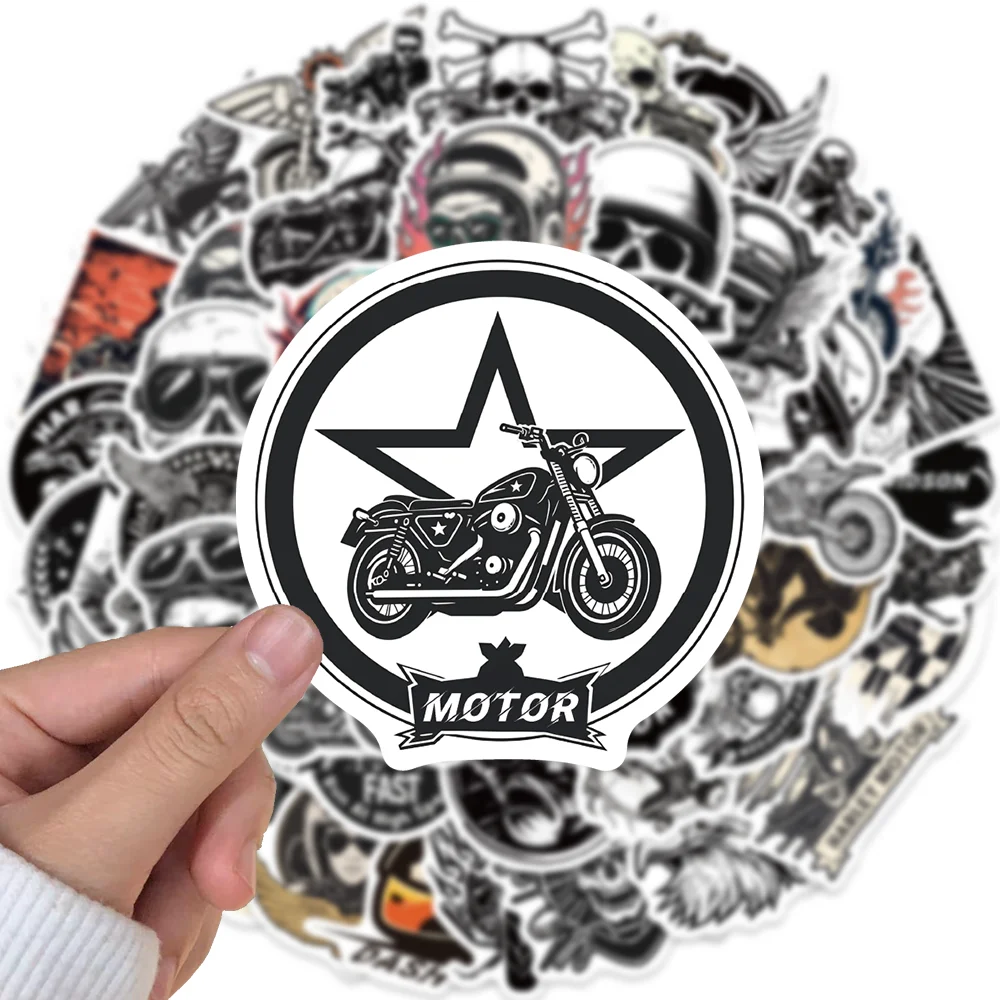 50Pcs Retro Cool Motorcycle Stickers Black And White Harley Waterproof Sticker Decorated Skateboard Laptop Helmet Vintage Decal