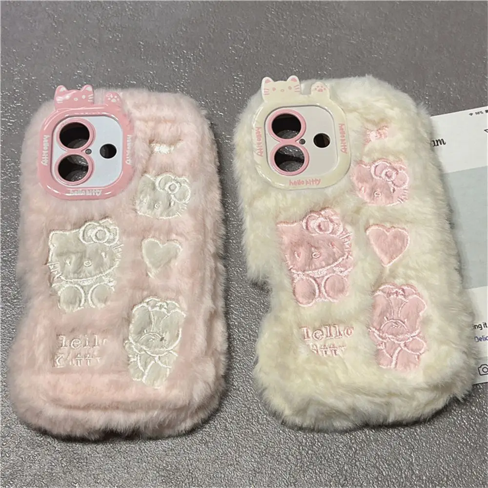 

Sanrio HelloKitty Phone Case Cartoon Fall Winter Plush Embroidered Heart Girl Soft Protective Cover IPhone 16 15 14 Promax Gift