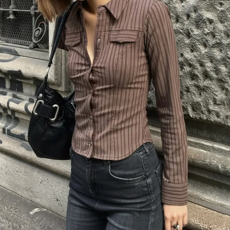Amerykańska seksowna bluzka w paski z długim rękawem, podkreślająca talię, w stylu vintage, brązowa, z dekoltem w serek, Y2k, streetwear, topy, jesienna odzież codzienna do biura.