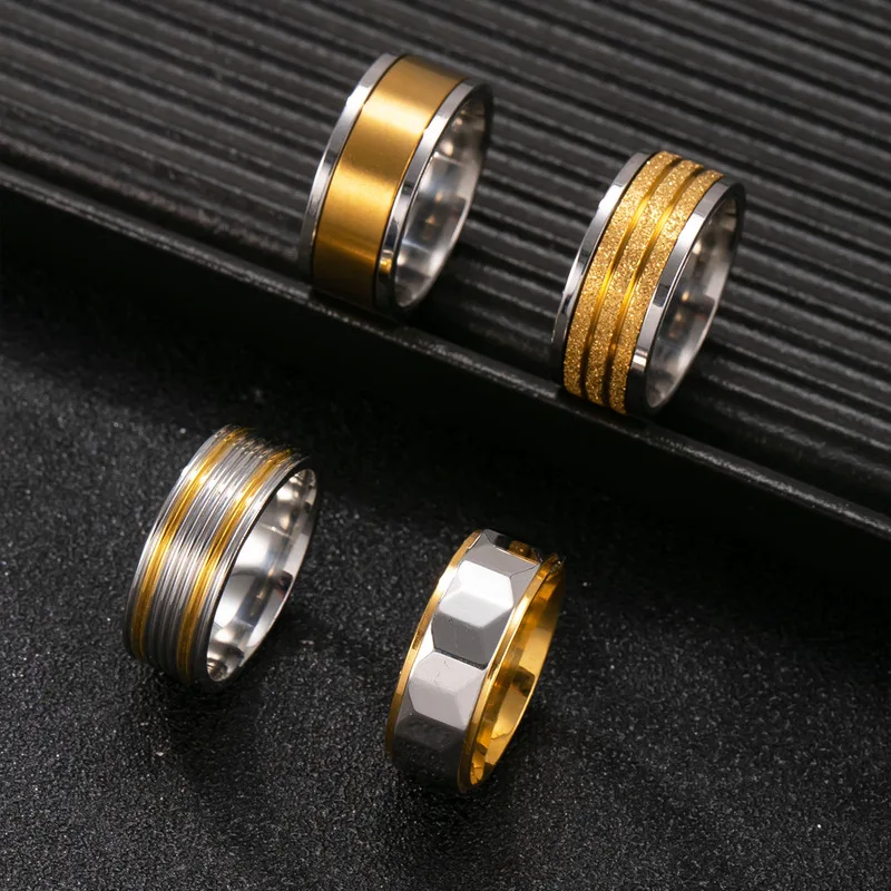 Two‑Tone Gold Silver Stainless Steel Ring Brushed Sandblast Faceted Cutting Wide Fashion Men Wedding Engagement Finger Jewelry