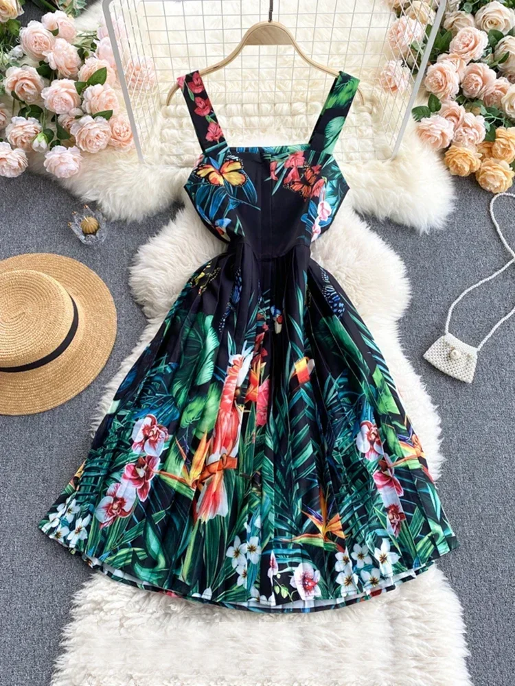 Sommer Neue Mini Hosenträger Kleid frauen Urlaub Am Meer Druck Sexy Off-die-schulter Schlank Plissee Kleid D0128