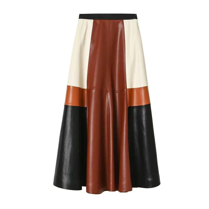 Clothing 2025 Spring and Autumn Fashion Contrast Color Leather 80CM Long Skirts Female Retro Patchwork Large Swing  Faldas