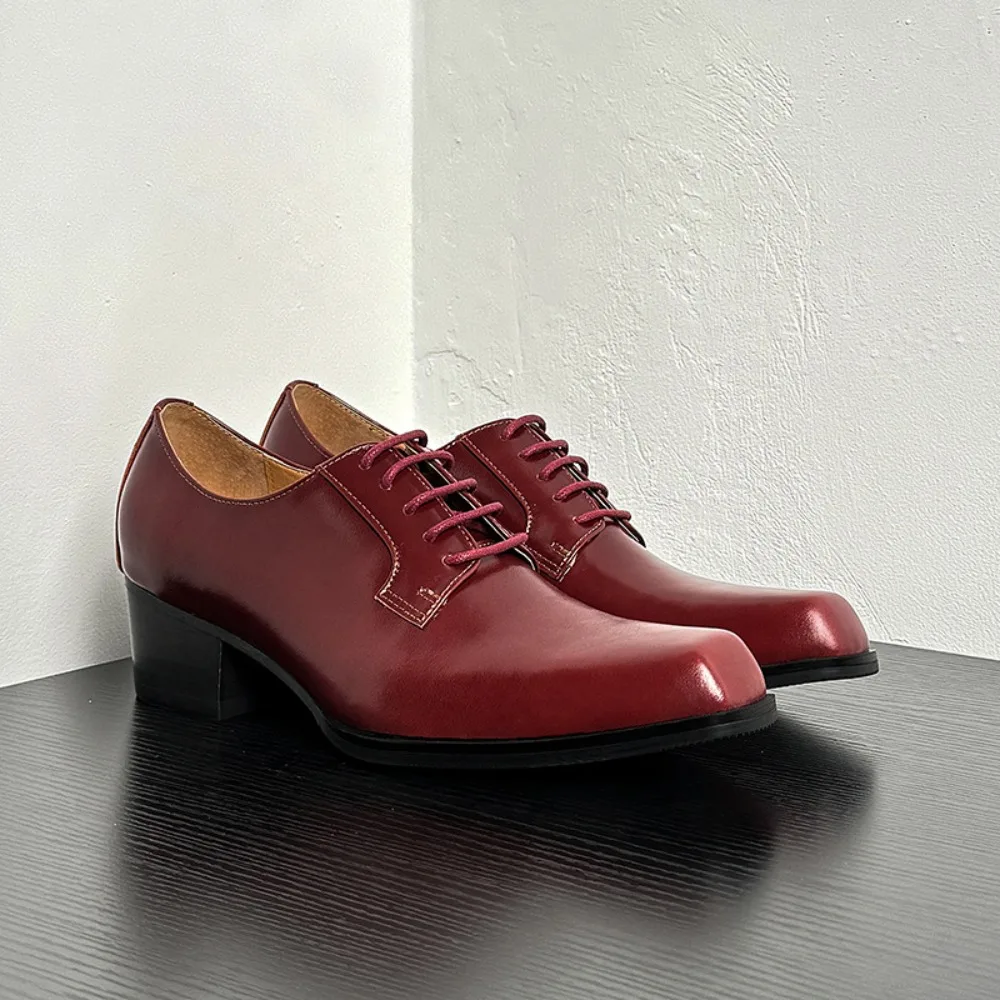 Square Toe High Heel Leather Shoe for Men in British Business and Casual Heightened Wedding Shoes Korean Style Shiny Hairstylist