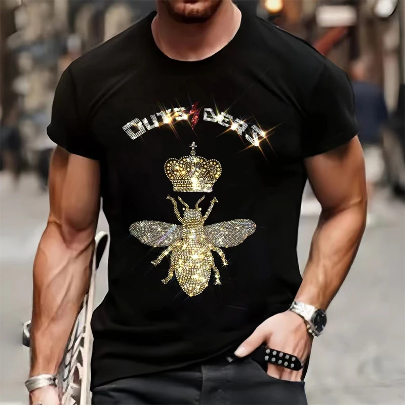 

Men's Casual Street Short Sleeve T-Shirt, Bee Graphic Clothing, Tee Tops, O-Neck Rhinestone, Punk, Quality Fashion, Summer, Y2k