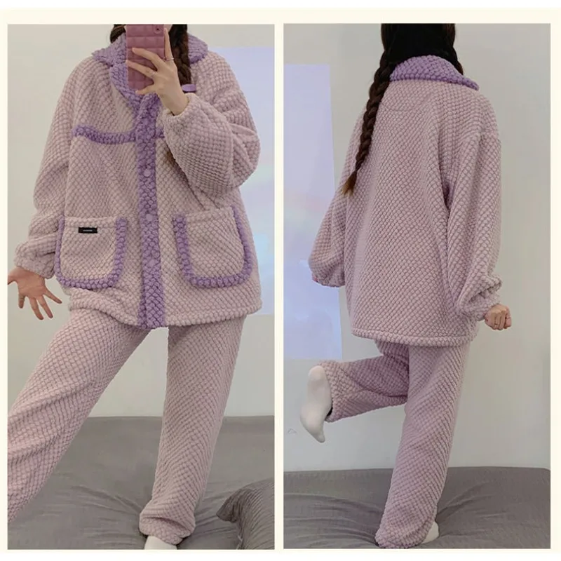 Weibliche Korallen samt Pyjamas Winter verdickte Fleece gefütterte Langarmhose Nachtwäsche Anzug Frauen Flanell warme Lounge wear