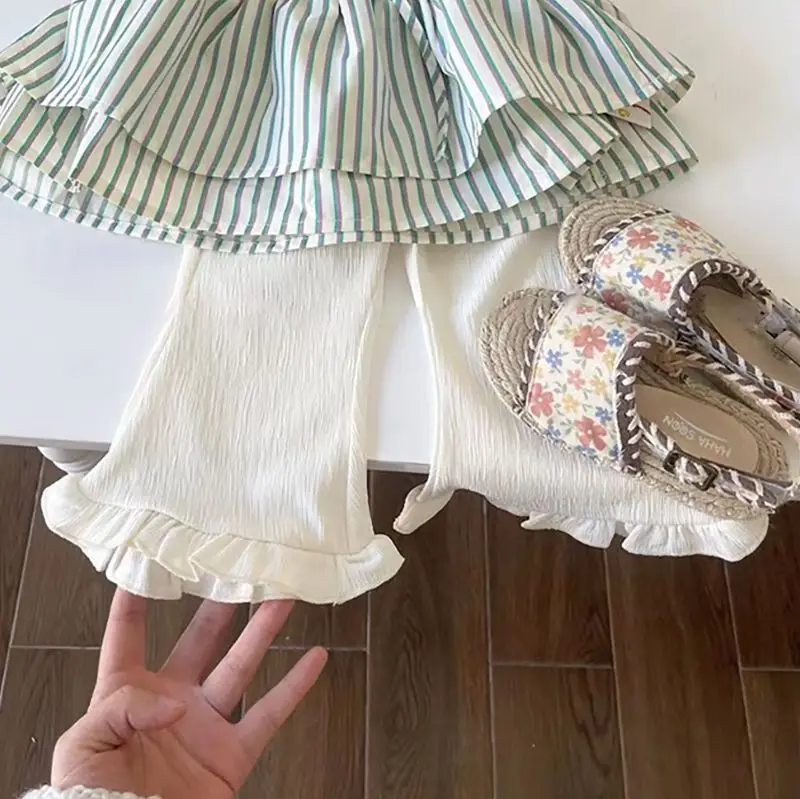 Conjunto de camisa listrada de manga curta infantil e calças lare, roupas de bebê e meninas, verão, edição coreana, elegante, novo, 2 peças
