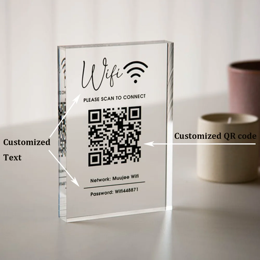 Letrero de bloque acrílico con código QR WiFi, señal de mesa con contraseña de red personalizada para cafetería, salón, restaurantes, bares, Hotel, pequeñas empresas