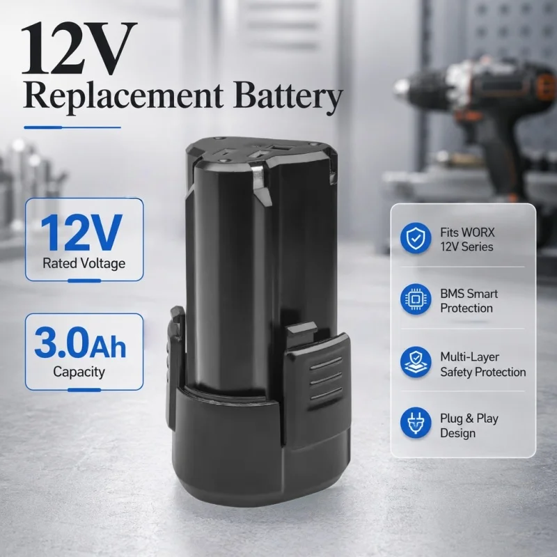 Compatible with WORX12V screwdriver, handheld drill, 3.0Ah lithium battery, BMS voltage control, outstanding battery life
