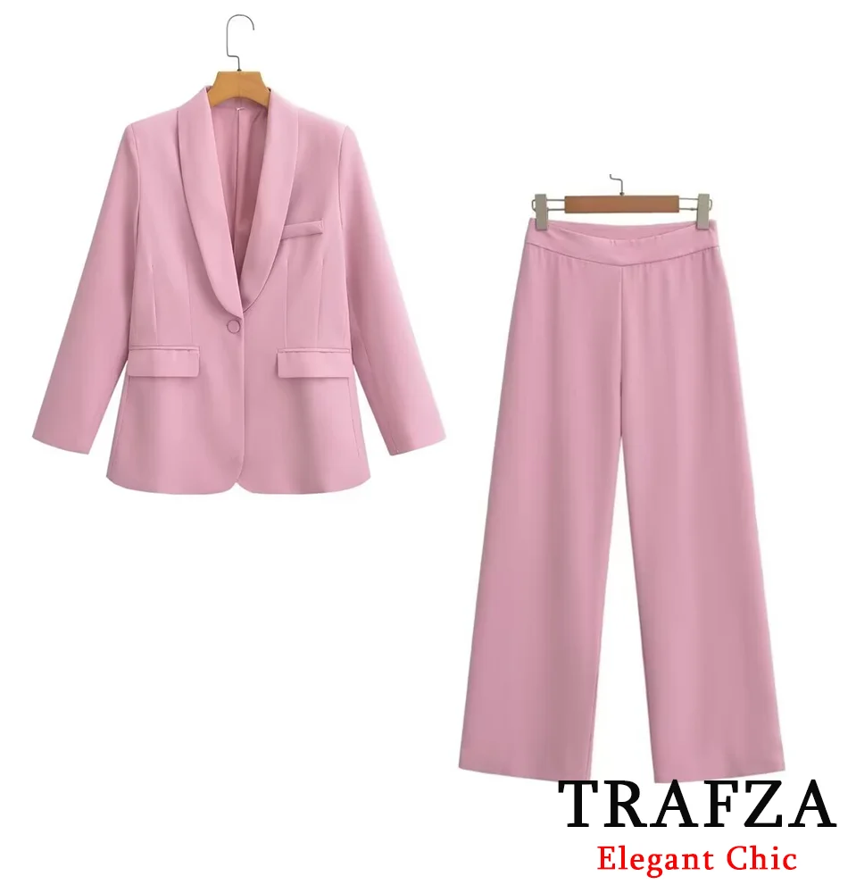 TRAFZA New Arrival Elegant Pink Women's Suit Stylish Pants and Single-Button Blazer Spring Autumn Fashion Blazer Suit