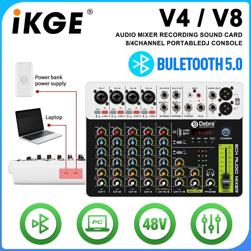 IKGE V8 8-Channel Audio Mixer DJ Console with Bluetooth 5.0 48V Phantom Power Delayed Replay Effects for Karaoke, PC Recording