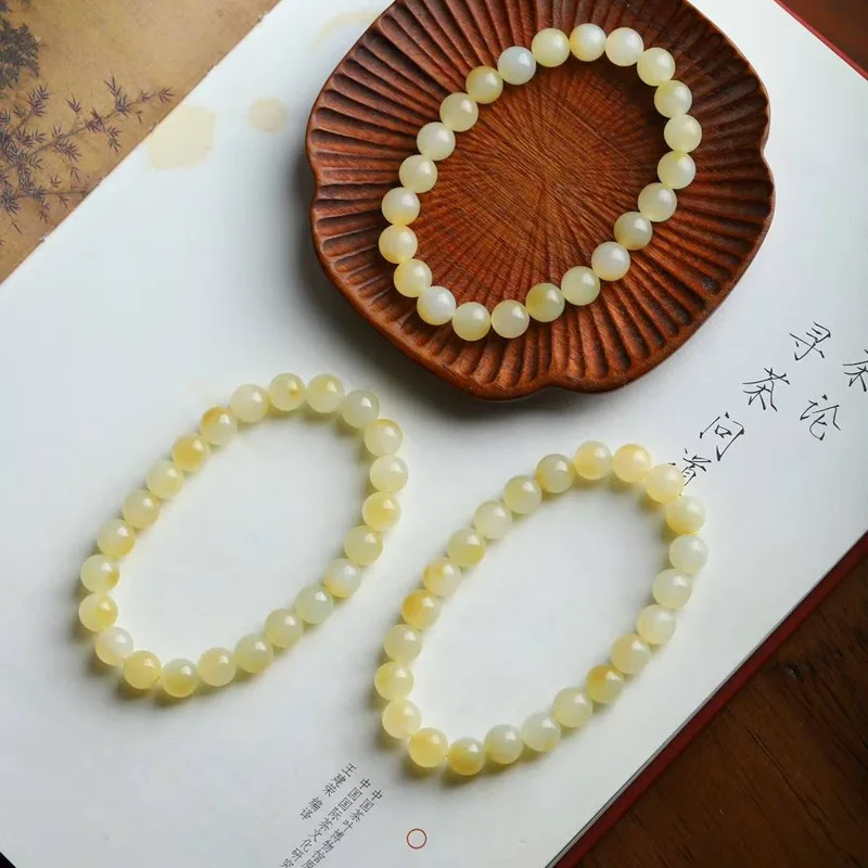 Natural Hetian Qie Mo Old Material Floating Sugar Color Bead Round Jade Smooth Bracelet With Certificate