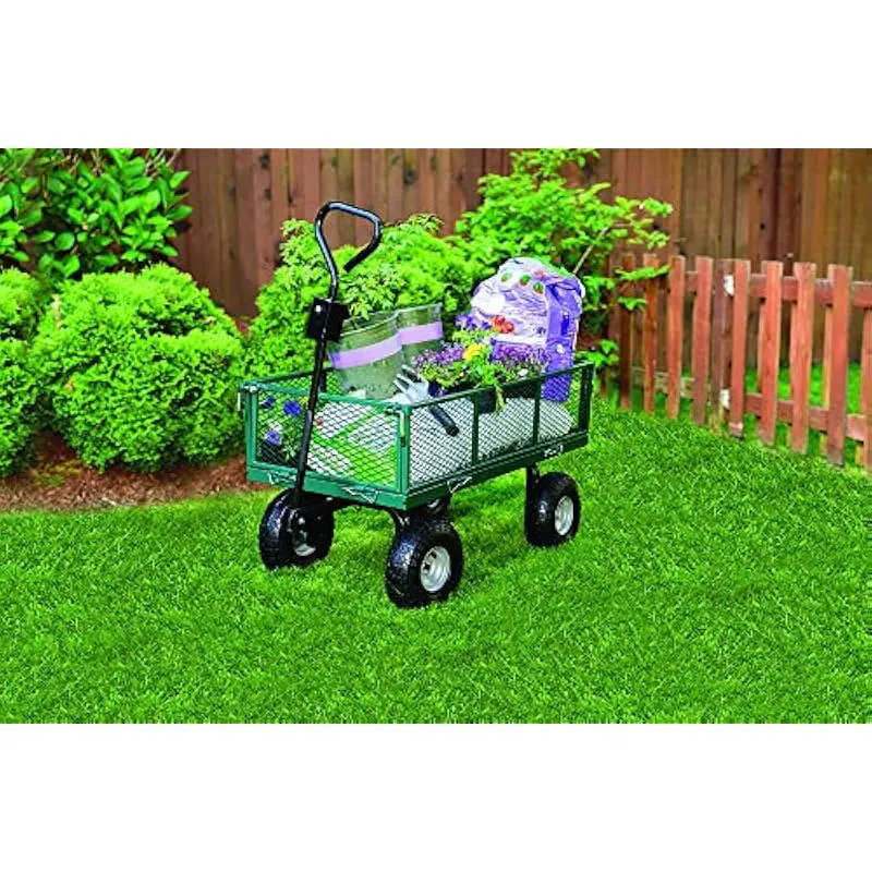 Garden utility cart with hinged removable sidewalls 4 pneumatic 10 inch wheels loop handle convertible hitch steel mesh frame 38