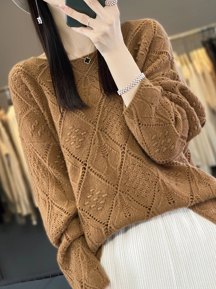 100% Merino Wool Women's O-Neck Pullovers Sweaters  Autumn Winter Fashion Loose Hollow  Female Cashmere Knitwear Clothing Tops