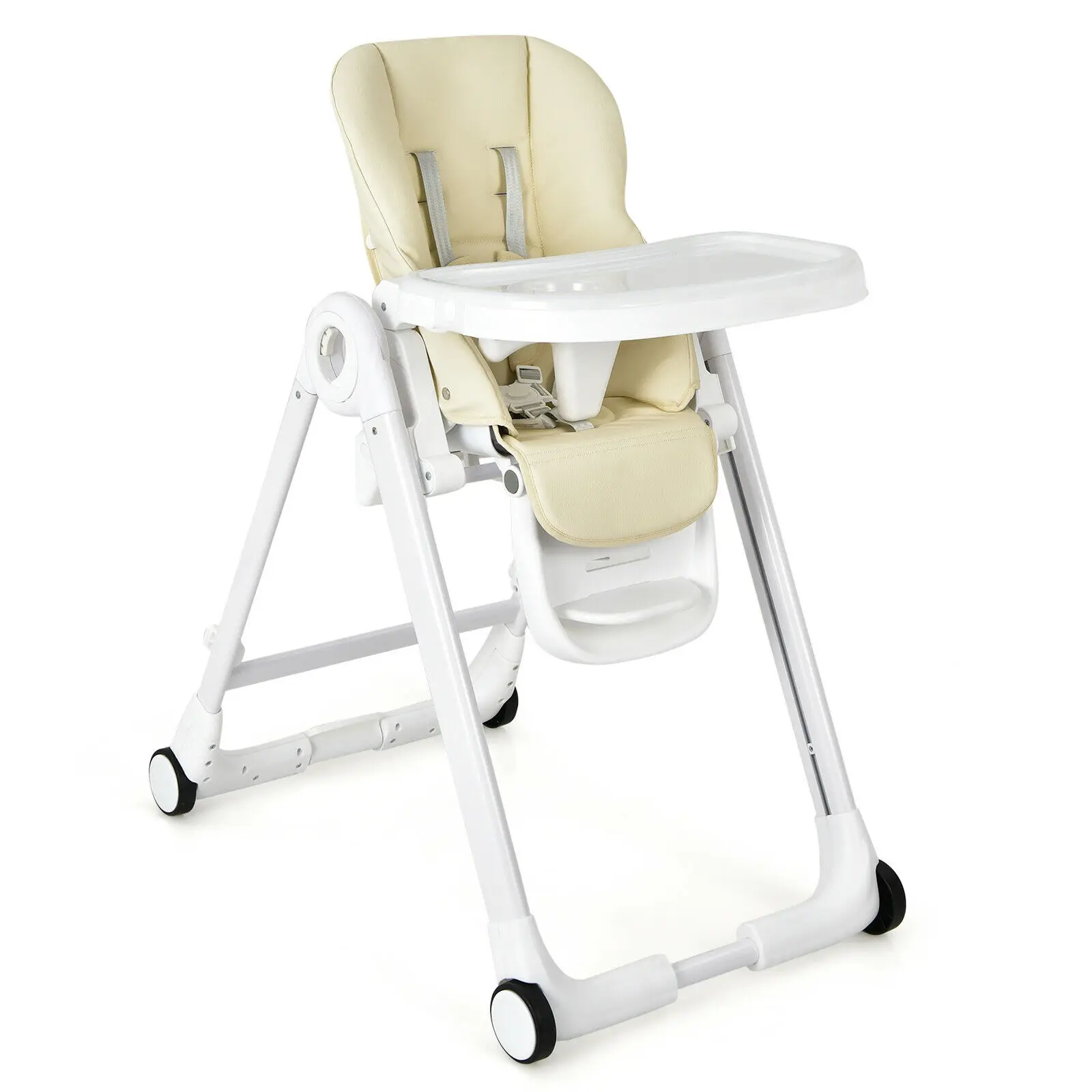 Baby Folding Convertible High Chair w/Wheel Tray Adjustable Height Recline Beige  AD10009BE