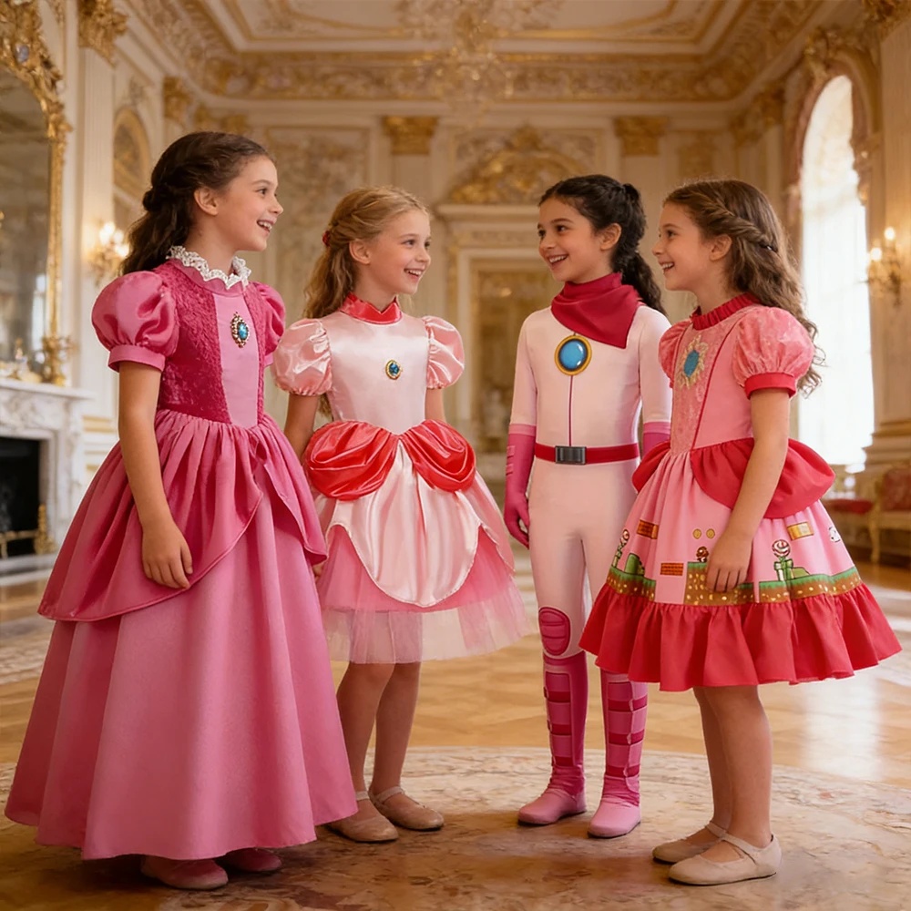 Kids Girls Elegant Evening Dress Pink Princess Peach Ball Gown Children's Movie Perform Peach Cosplay Costume Birthday Outfit