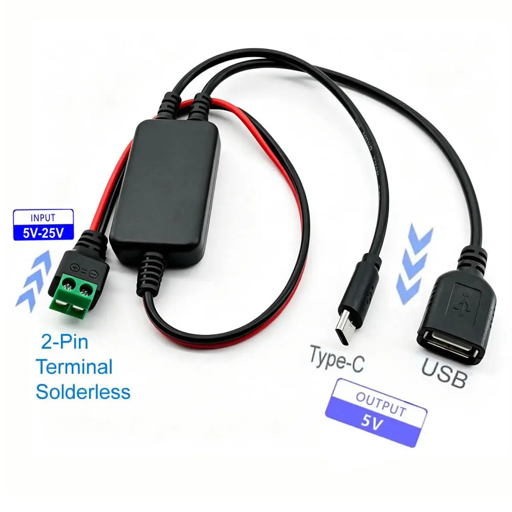 12V/24V to 5V Converter DC-DC Buck Module Power Adapter Cable 2pin Solderless Terminal to USB-A/Type-C Step Down Charging Cable view 2