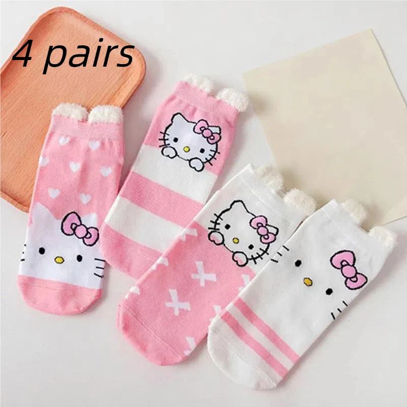 

4 Pairs of New Exquisite Three-Dimensional Plush Ear Designs With Cartoon Anime Patterns For Women's Mid Tube Socks