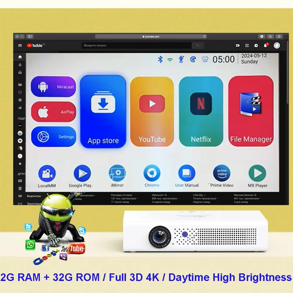 Smartldea 4K 3D overdag V6-projector hoge helderheid Android 9.0 2G + 32G Bluetooth 5G wifi full hd 1080p videogameprojectoren