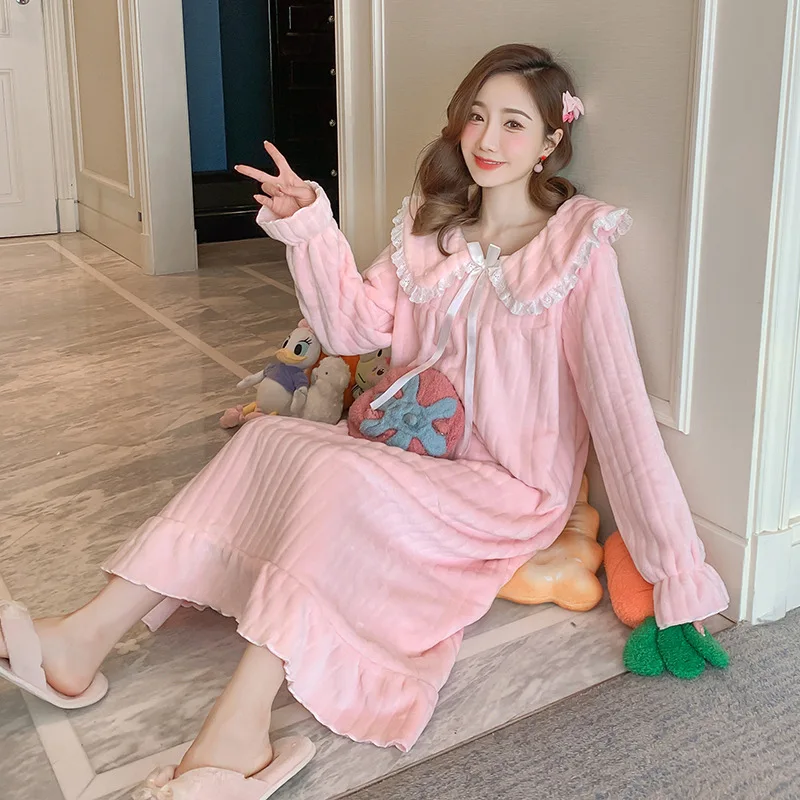 Womens Nightwear Nightdress Flannel Thickened Solid Colour Nightgown Doll Collar Student Warm Coral Velvet Ruffle Dress Robes Se