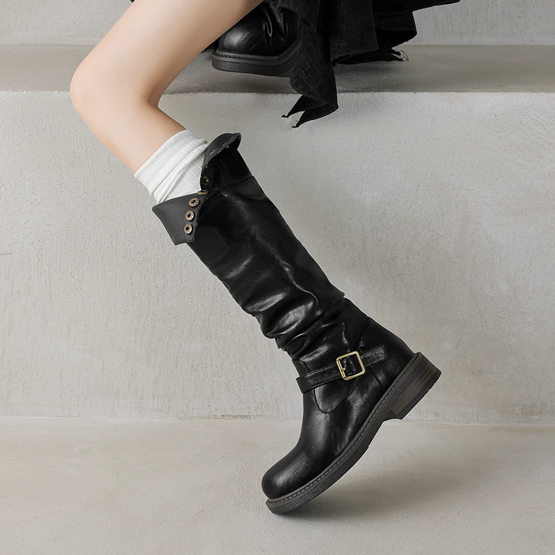 Flanged PU Metal Button Instep Belt Buckle Slip-On Punk Style Knight Boots Anti Slip Sole Breathable Commuting Office Knee Boots image 6