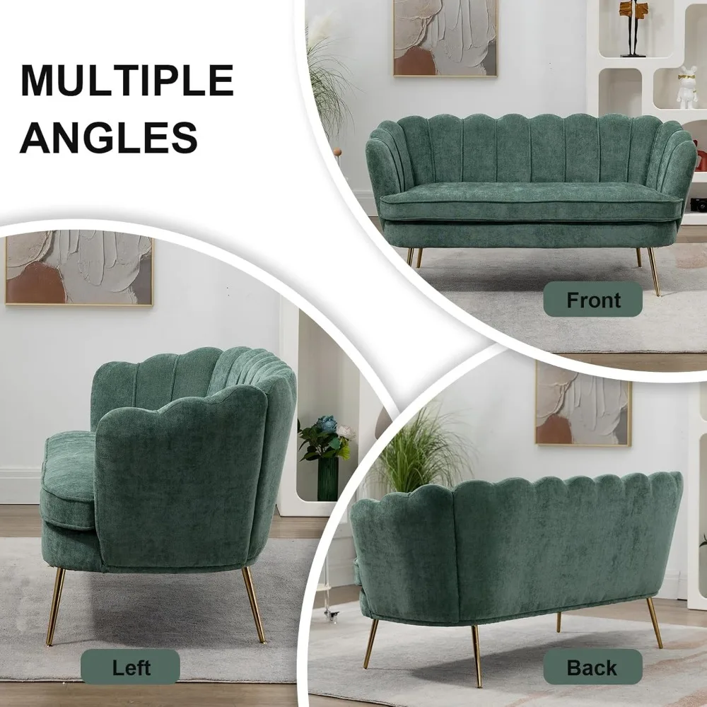 أريكة عصرية بمقعدين من الشنيل على شكل بتلة، أرجل معدنية ذهبية، أريكة صغيرة للترفيه، مقاس صغير مريح للجلوس #6