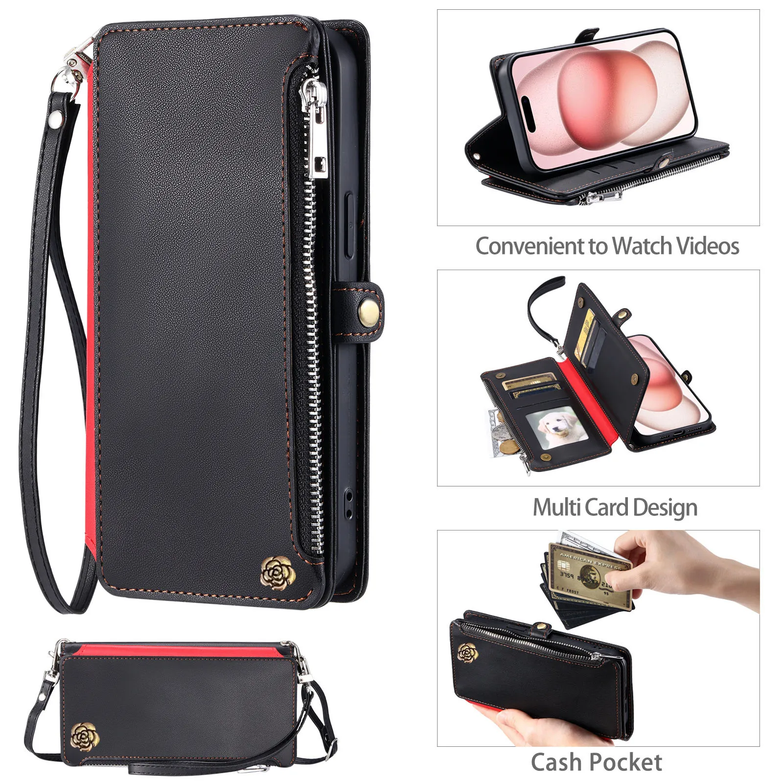 Casing Dompet Ritsleting Selempang untuk Motorola Moto G86 G56 G85 G55 G35 G15 G05 G84 G54 G34 G24 G14 Sampul 3 Kartu Kulit Camellia