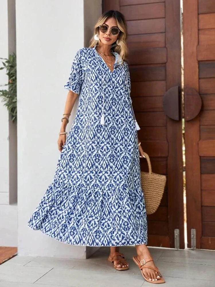 

Ladies' summer chiffon V-neck long skirt short sleeved floral flowing A-line layered bohemian lotus leaf edge dress