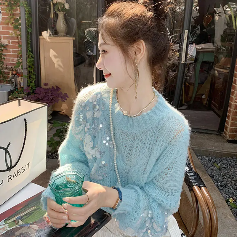 Women Autumn Korean Loose Fashion Hollow out Bright silk O-neck Long sleeve Knitwear Ladies trend All-match knitting sweater