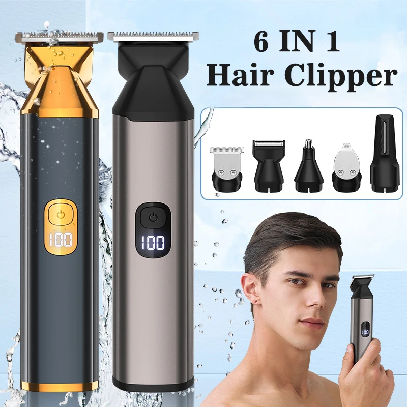 Beard Trimmer for Men 6 in 1 Kit Electric Razor Nose Hair Trimmer with LED Display Cordless Mustache Body Face Grooming Kit