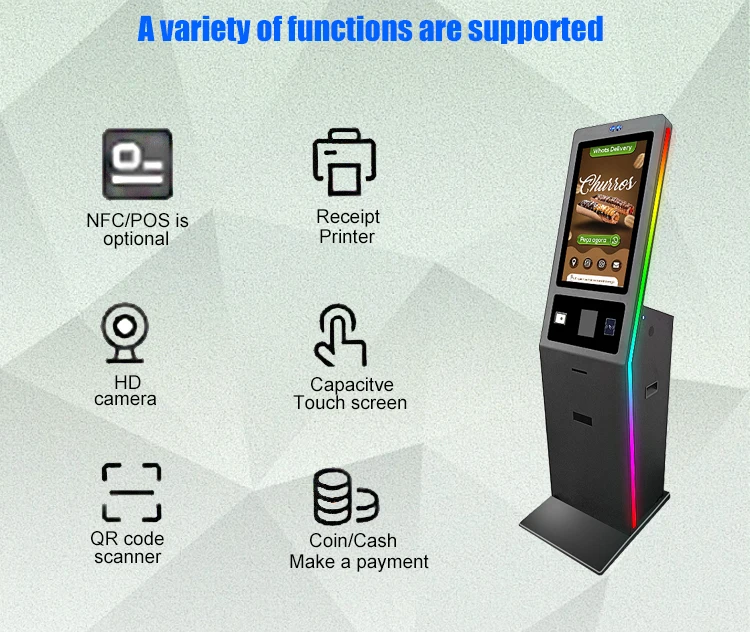 

27-дюймовый киоск самообслуживания с QR-сканером и термопринтером, напольный интерактивный сенсорный терминал для заказа еды