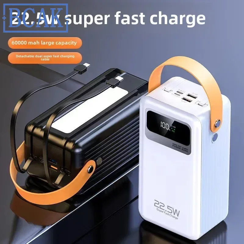 New Style BCAK  Own Cable Power Bank 22.5w Super Fast Charging Large Capacity 60000mAh Outdoor Convenient Mobile Power Supply