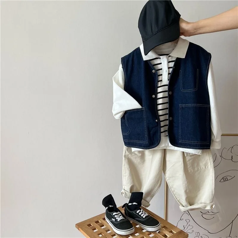 2025 Spring Autumn Retro Deep Blue Kids Denim Vest Stylish Unisex Kids' Denim Jacket Mix and Match Apparel