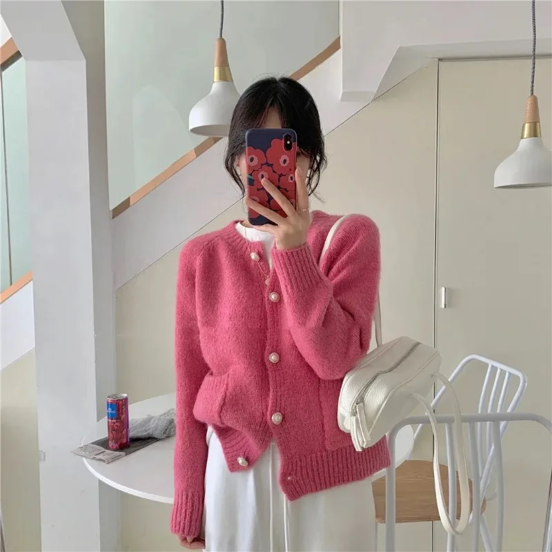 Knit Cardigan Sweaters Woman Autumn Winter 2023 Korean Pearl Button Up Raglan Sleeve O-Neck Pockets Casual Short Pink Sweater