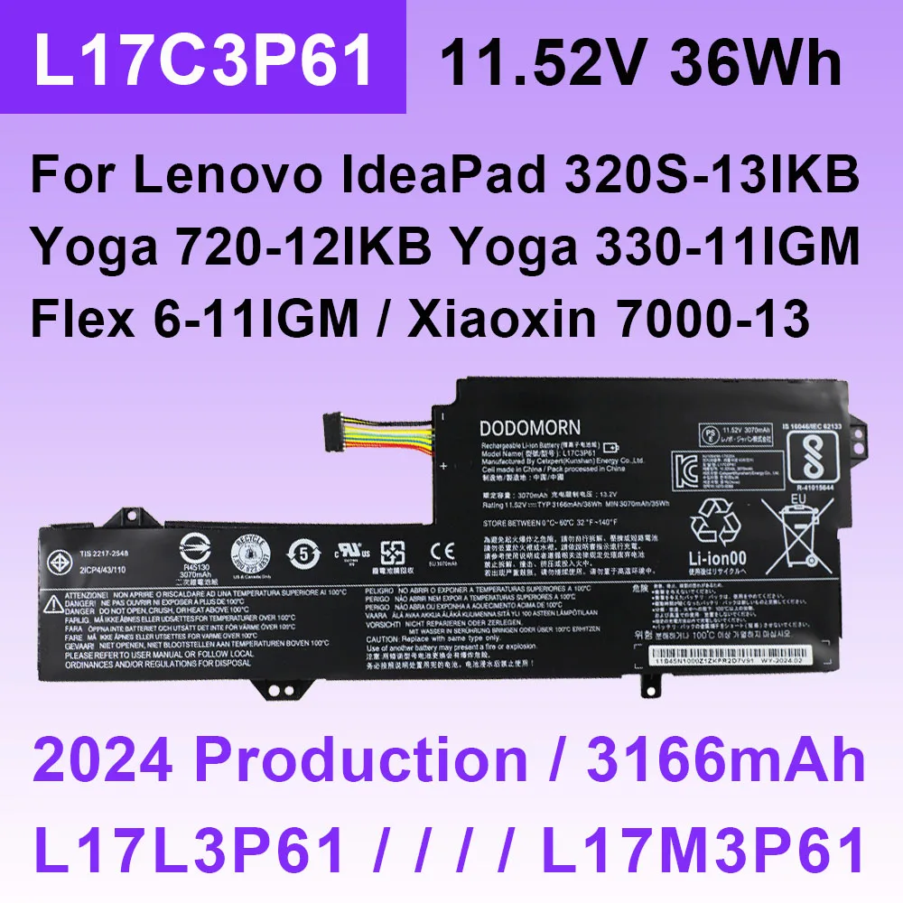 11.52V 36Wh L17C3P61 Laptop Battery For Lenovo IdeaPad 320S-13IKB Xiaoxin 7000-13 Yoga 720-12IKB 330-11IGM Flex 6-11IGM L17L3P61