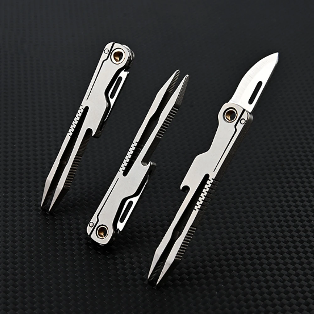 Mini titanium alloy multifunctional forceps folding knife, medical EDC outdoor open pocket keychain knife titanium alloy forceps