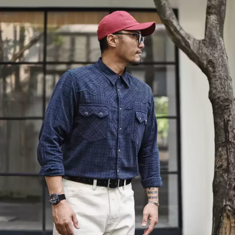 Sauce Zhan Men's Shirts Men's Autumn Long Sleeve Vintage Western Plaid Work Shirt Loose Fit