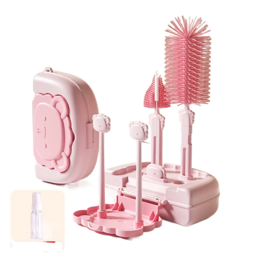 Multifunctional Bottle Cleaning Brush Set Bear 8 in 1 Glass Cup Washing Brush Lion Storage Drain Rack Baby Bottle Brush Kit