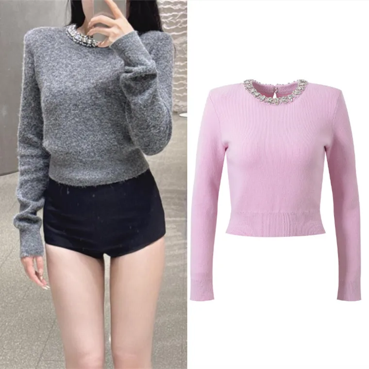 High-End Version Sweet Match Diamond Decorated Long Sleeve Knitted Sweater Top Light Grey Inner Wear Women's Fashion Spring