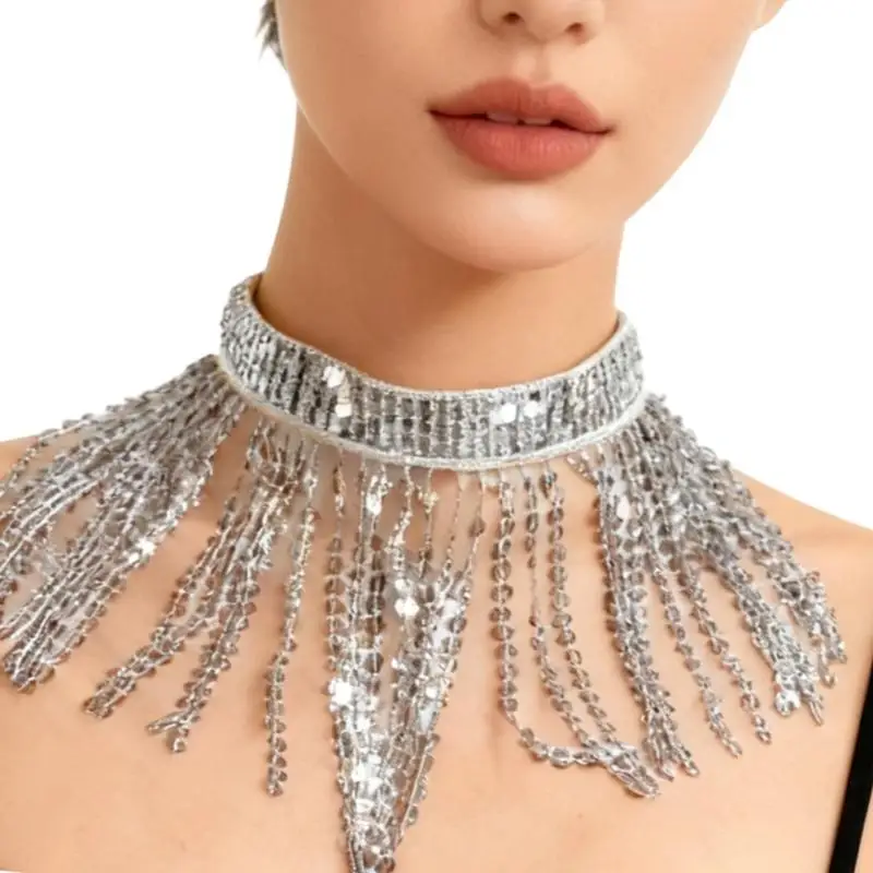 Collier ras du cou à franges paillettes 39BB, bijoux danse du ventre, ras du cou pour danseuse du ventre