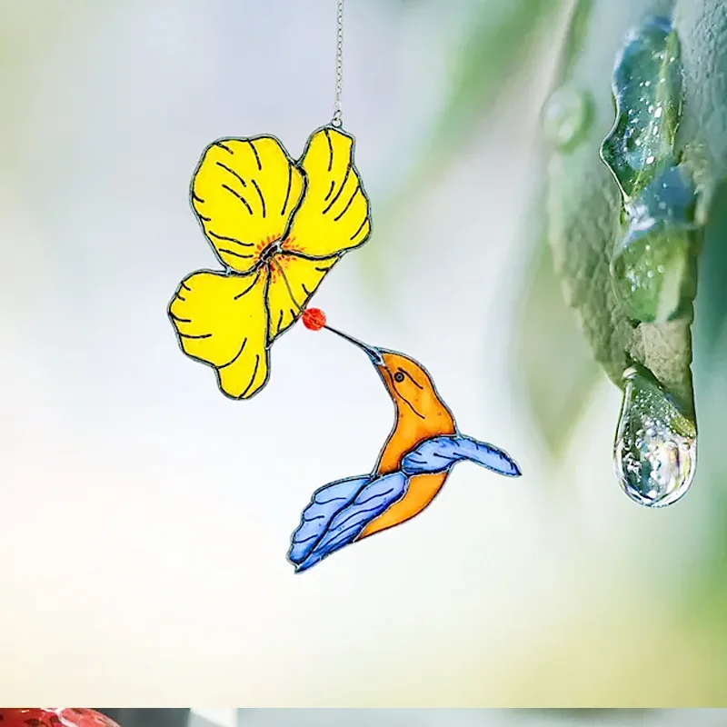 Yellow Flower Stained Glass Hummingbird Pendant Gardening Lovers Gift Pendant Sun Catcher Customized