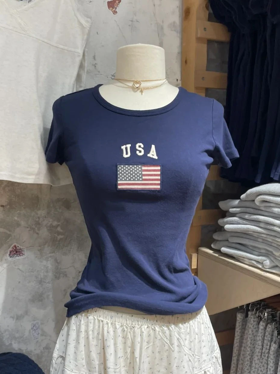 Flag Letter Embroidery Slim T-shirt Woman Summer O-neck Short Sleeve Cotton Tees Navy Vintage Streetwear Sweet Tshirts Y2k Tops