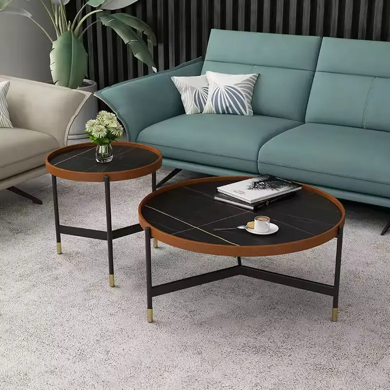 *Modern Chinese-style Round Coffee Table, Black Marble with Metal Legs, rust Chrome Finish, Luxury Nesting Set of 2.