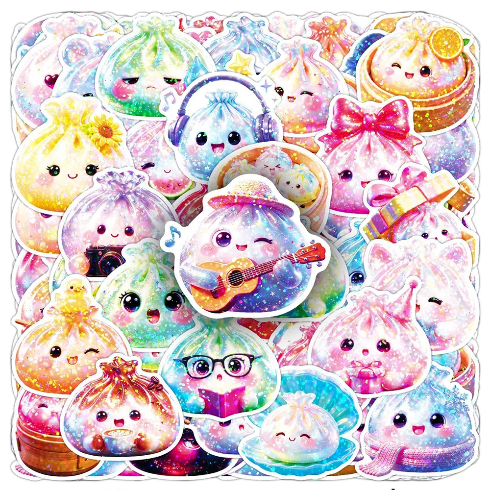 10/30/50pcs Laser Colorful Crystal Baozi Dumpling Stickers Cute Cartoon Steamed Buns Decals Water Bottle Suitcase Phone Sticker