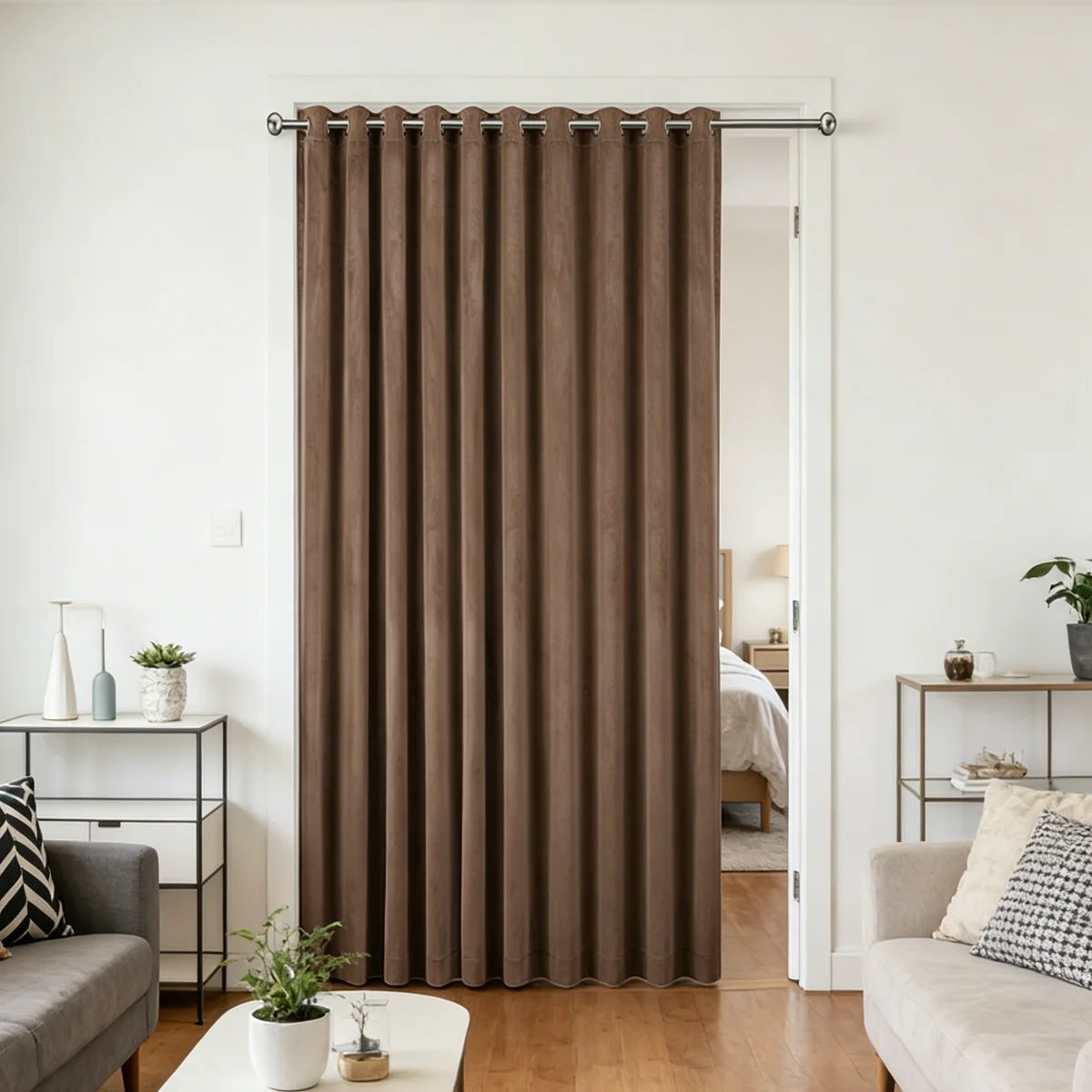 Coffee Velvet Semi Sheer Partition Curtain with Grommet Top, Light Filter Room Divider Drape, Decor Privacy Screen for Apartment