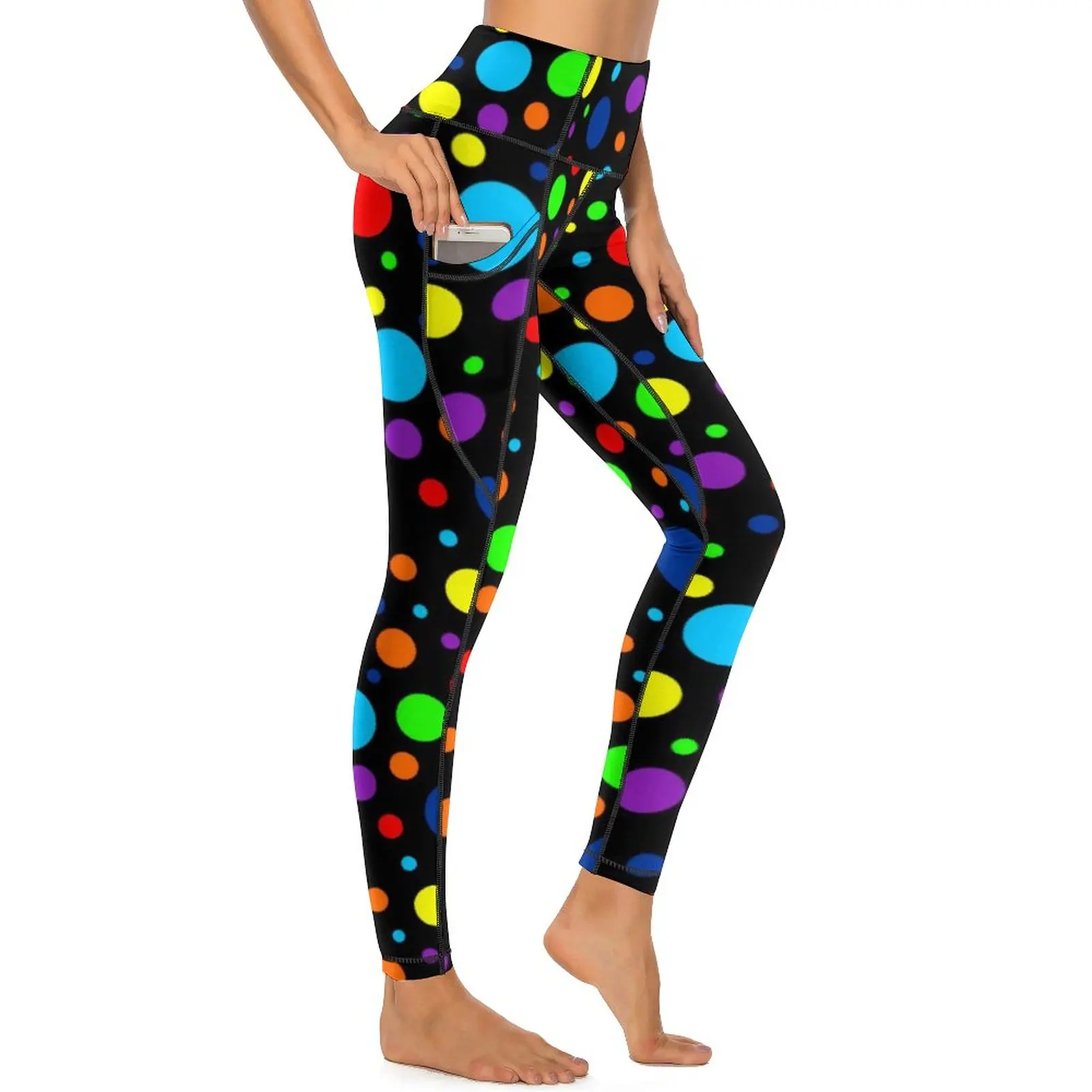 Rainbow Spots Leggings Sexy Polka Dot Print Running Yoga Pants Push Up Stretch Sport Legging Pockets Vintage Printed Leggins